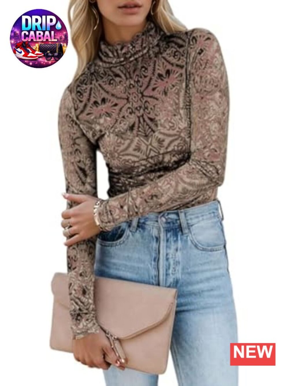 Slim Fit Velvet Burnout Top Mockneck Long Sleeve Semi Sheer Blouse